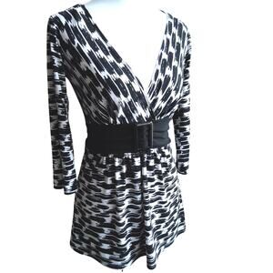 Y2K rare Wrapper blouse dress sz Small blk white belted V neck 3/4 sleeve retro